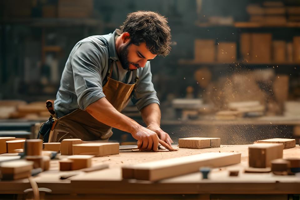 Schreiner bei der Fertigung eines Massivholzschranks in der Werkstatt mit Holzstaub und präzisen Werkzeugen