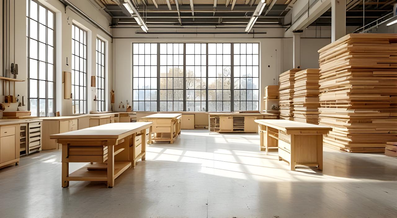 Moderne Holzwerkstatt mit grossen Fensterflächen, präzisen Werkbänken und sauber gestapelten Massivholzplatten in Zürich