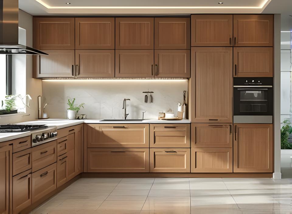 Modernes Küchenmöbel mit massgefertigten Fronten aus Holz und sauber integrierten Griffdetails