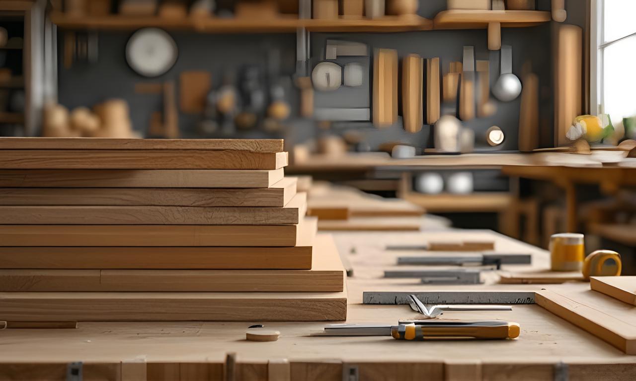 Sorgfältig organisierte Holzwerkstatt mit sauber gestapelten Brettern, Arbeitsplänen und präzisen Messwerkzeugen