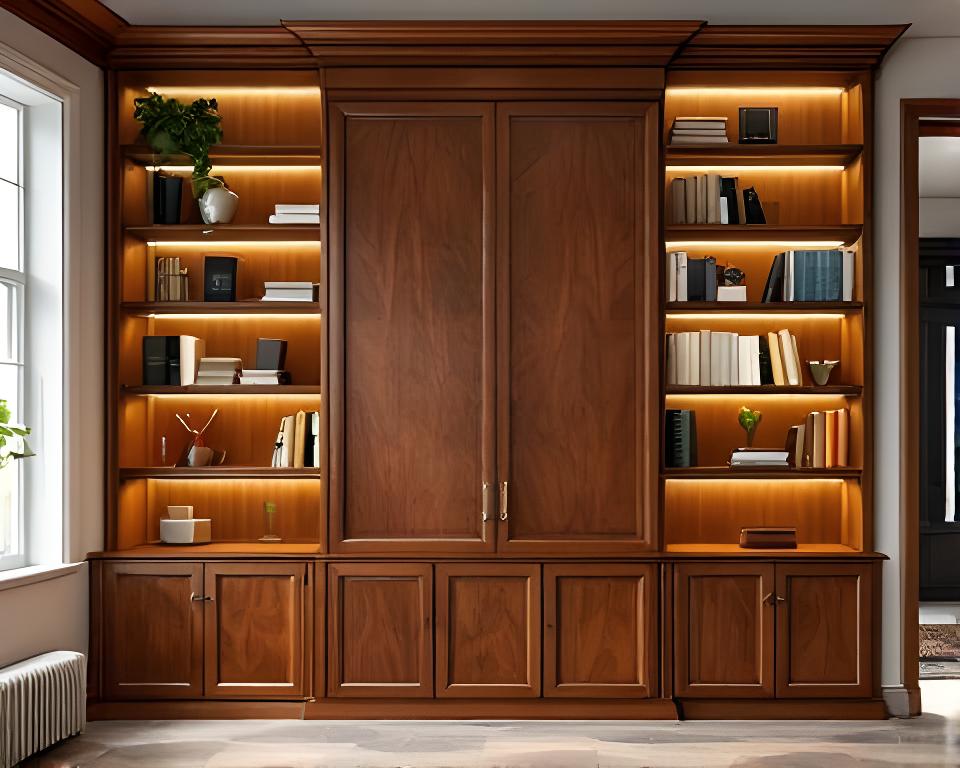Nachher-Bild einer massgefertigten Privatbibliothek aus Kirschbaum mit Regalen und integrierter Beleuchtung