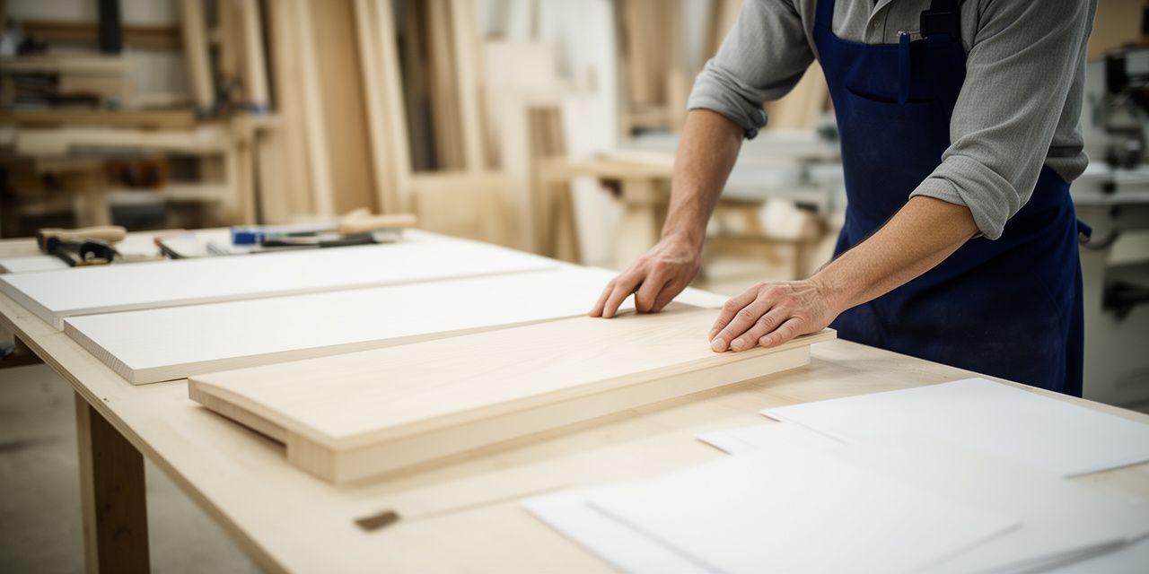Handwerker prüft Holzoberflächen in einer hellen Zürcher Werkstatt mit geordneten Dokumenten auf einem robusten Arbeitstisch